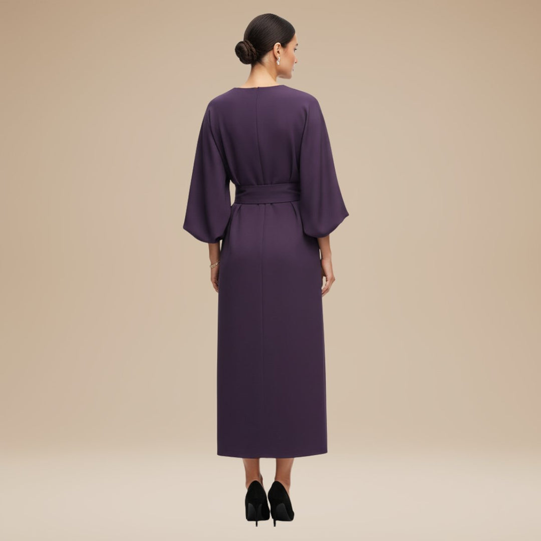 Women's Belted Wide-Sleeve Midi Long Sleeve Dress