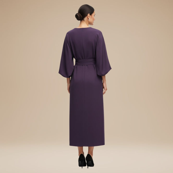 Women's Belted Wide-Sleeve Midi Long Sleeve Dress