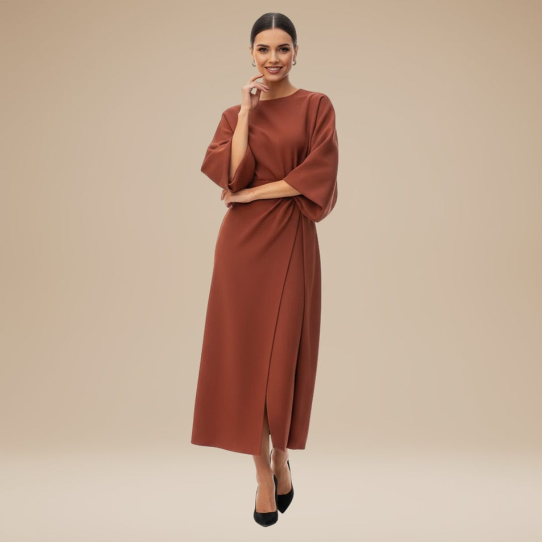 Women's Belted Wide-Sleeve Midi Long Sleeve Dress - Brown
