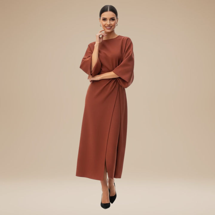 Women's Belted Wide-Sleeve Midi Long Sleeve Dress - Brown