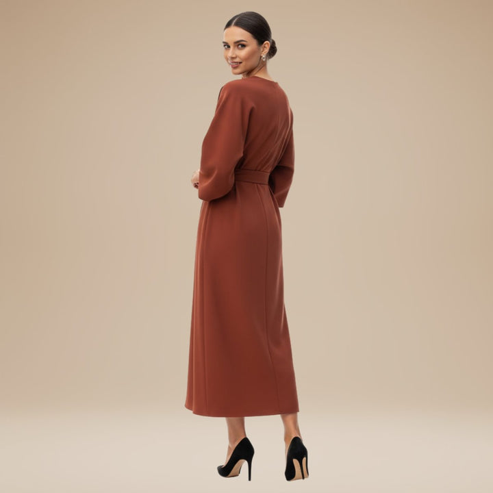Women's Belted Wide-Sleeve Midi Long Sleeve Dress