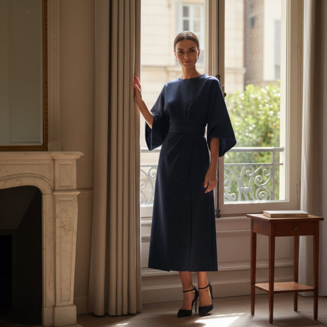 Women's Belted Wide-Sleeve Midi Long Sleeve Dress