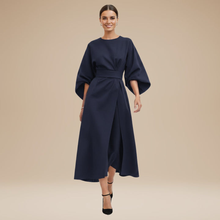 Women's Belted Wide-Sleeve Midi Long Sleeve Dress - Navy Blue
