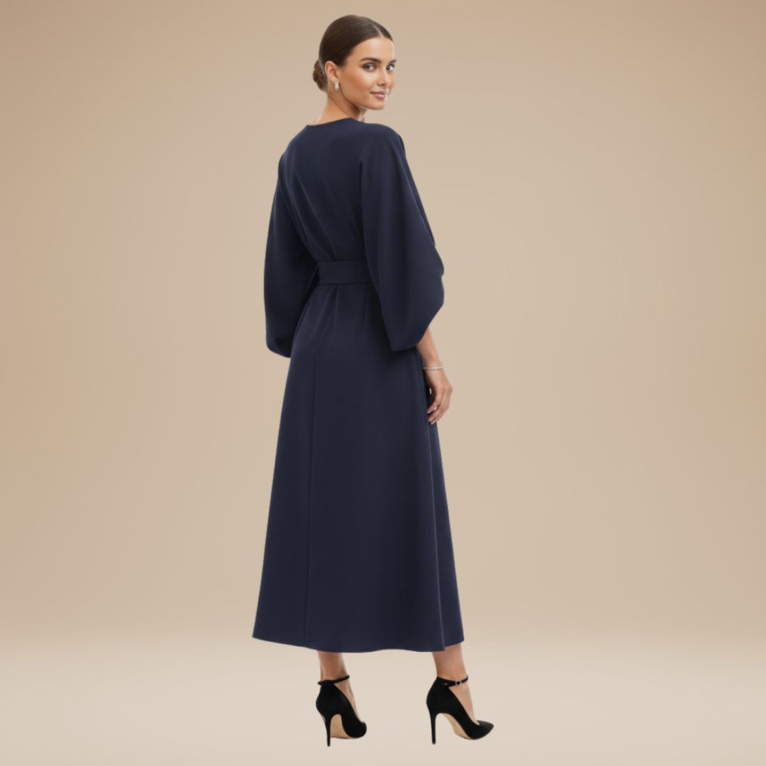 Women's Belted Wide-Sleeve Midi Long Sleeve Dress