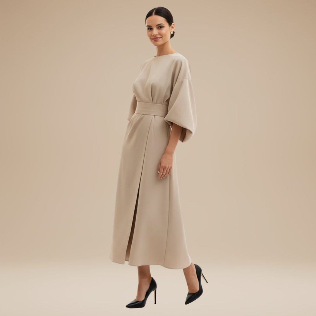 Women's Belted Wide-Sleeve Midi Long Sleeve Dress - Beige