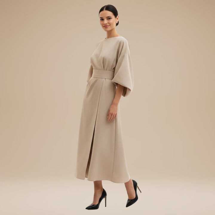 Women's Belted Wide-Sleeve Midi Long Sleeve Dress - Beige