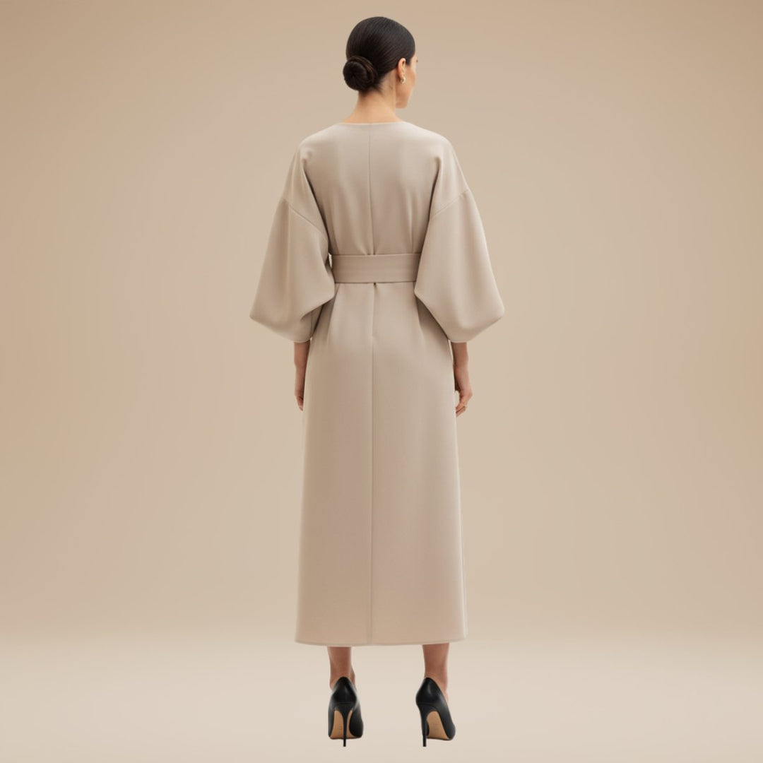 Women's Belted Wide-Sleeve Midi Long Sleeve Dress