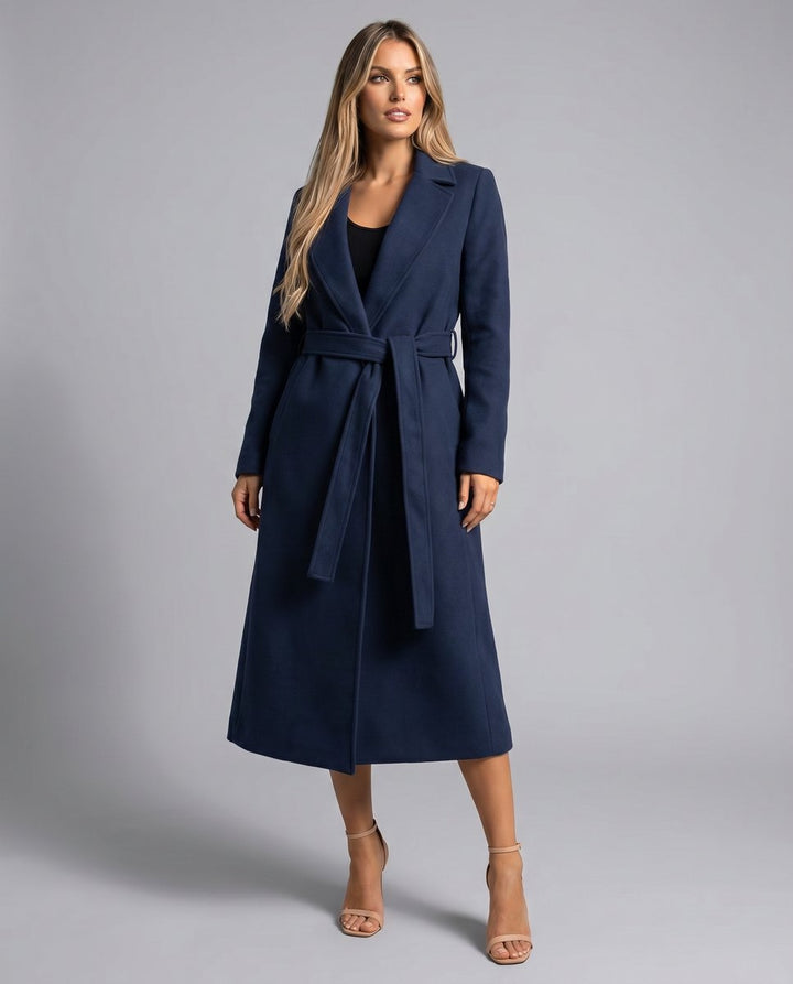 Women's Belted Wool-Blend Long-Line Trench Coat Lapel Overcoat