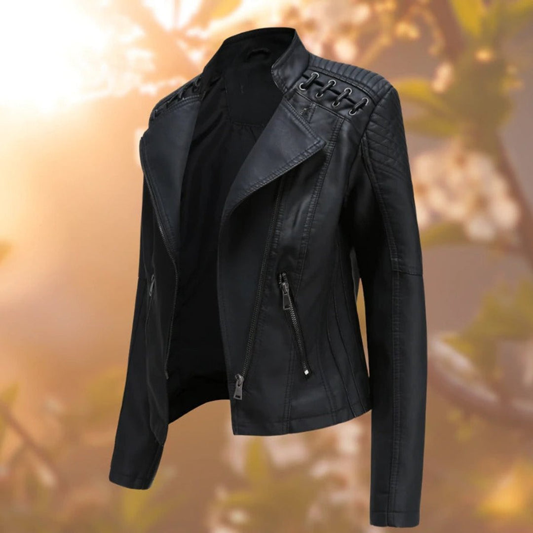 Women's Biker-Style Zip-Up Faux Leather Jacket - Black