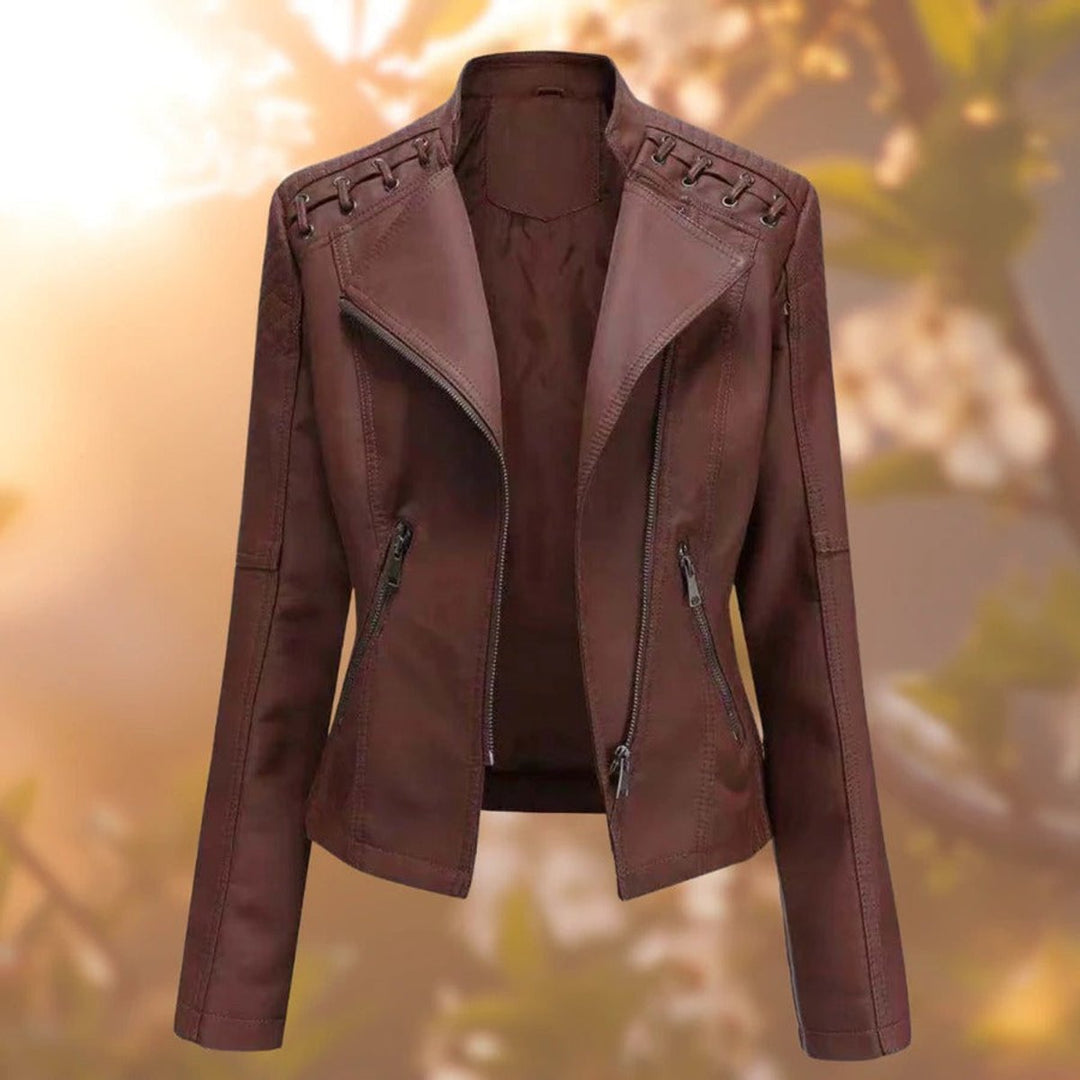 Women's Biker-Style Zip-Up Faux Leather Jacket - Dark Brown