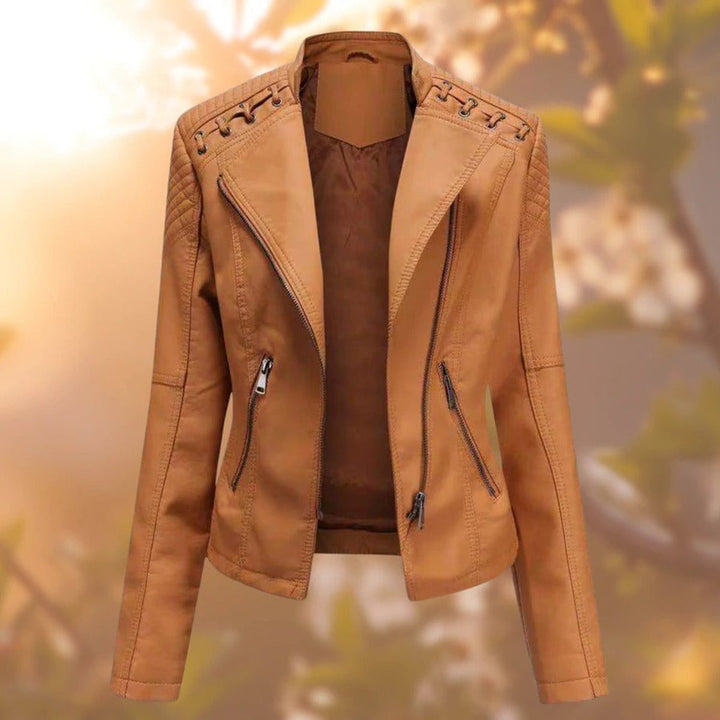 Women's Biker-Style Zip-Up Faux Leather Jacket - Orange
