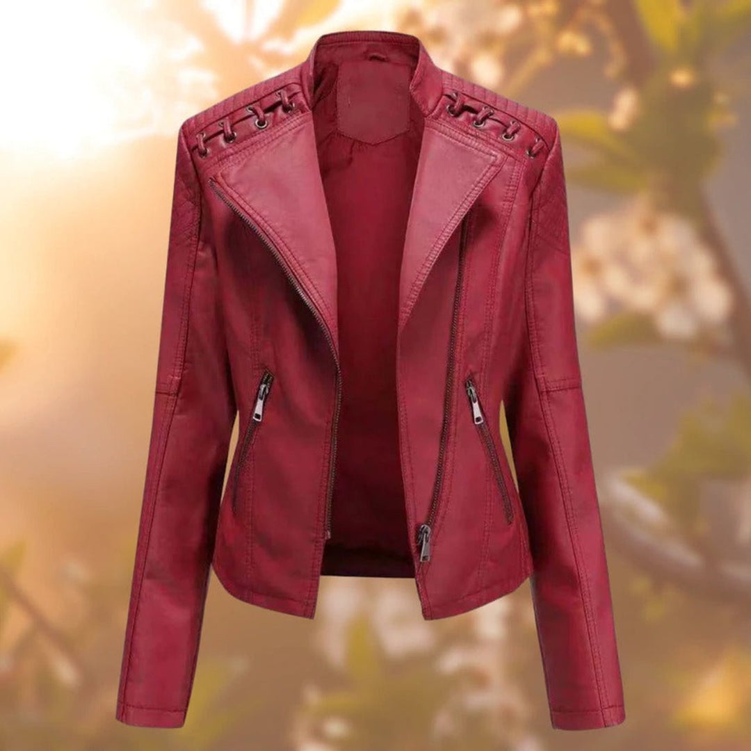 Women's Biker-Style Zip-Up Faux Leather Jacket - Dark Red