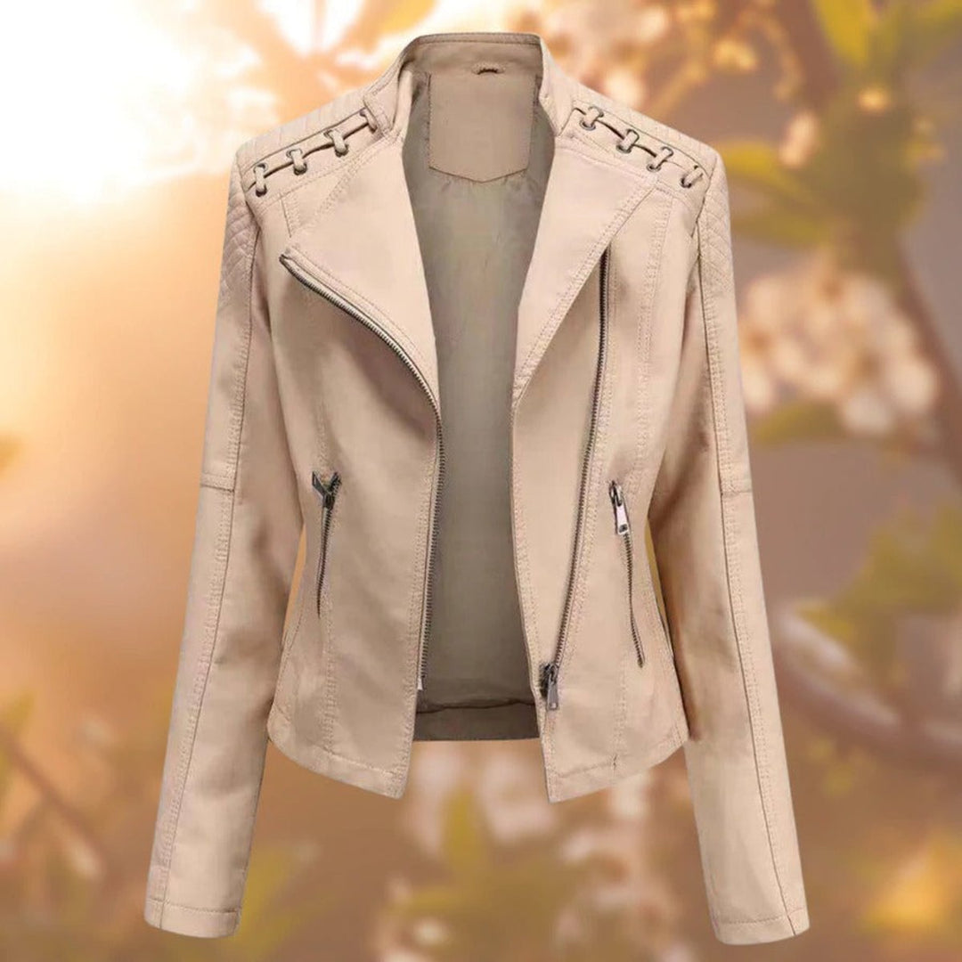Women's Biker-Style Zip-Up Faux Leather Jacket - Khaki