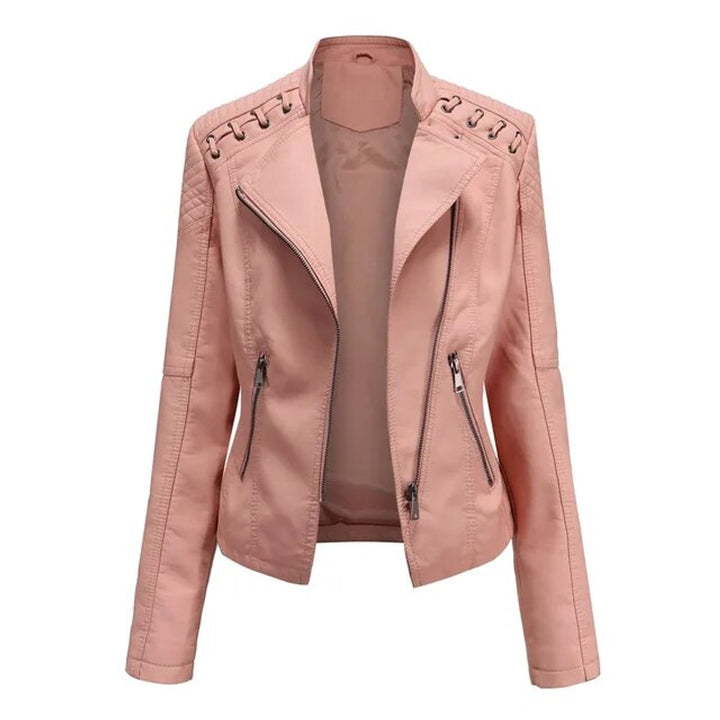 Women's Biker-Style Zip-Up Faux Leather Jacket - Pink