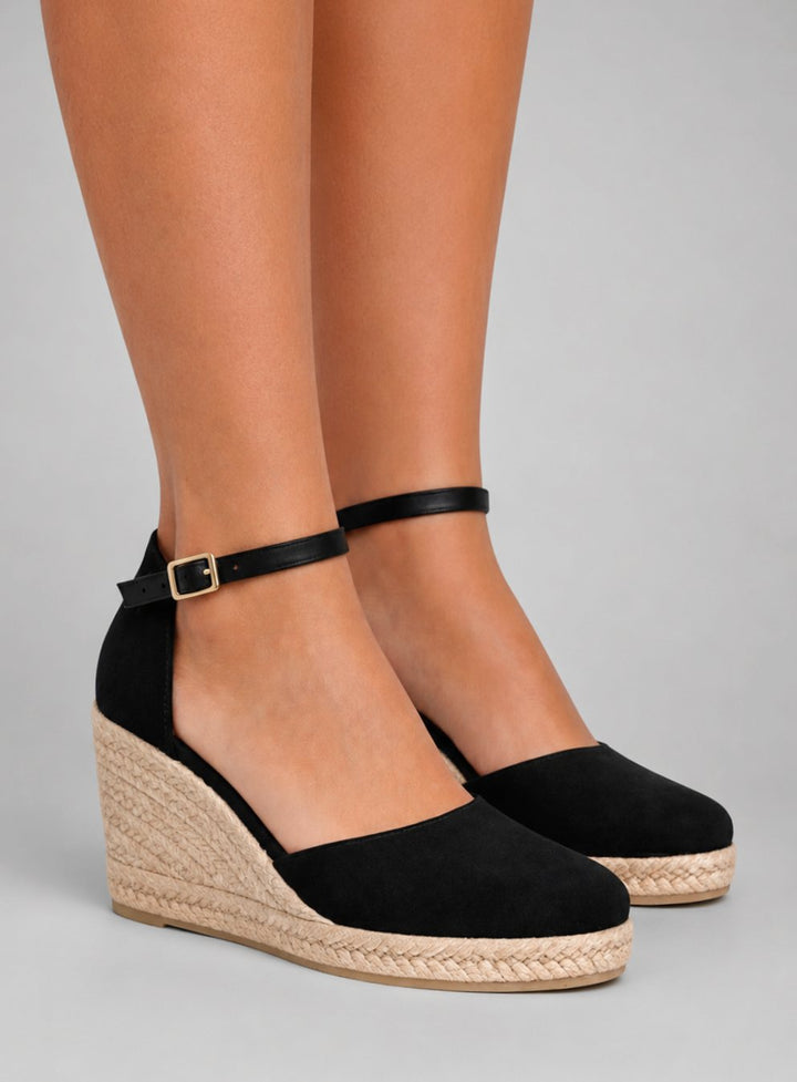 Women's Black Closed Toe Wedge Espadrille Ankle Strap Sandals