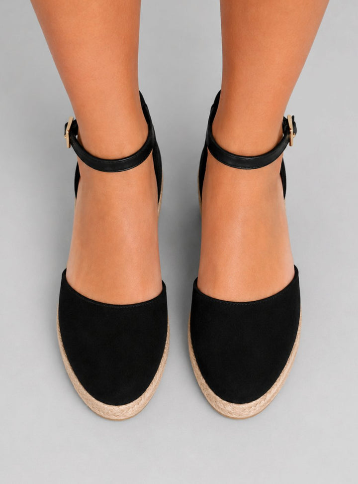 Women's Black Closed Toe Wedge Espadrille Ankle Strap Sandals
