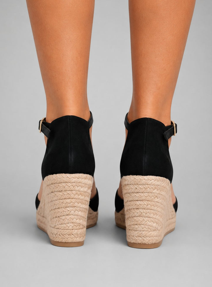 Women's Black Closed Toe Wedge Espadrille Ankle Strap Sandals