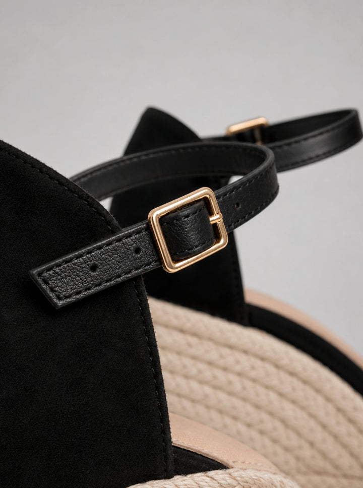 Women's Black Closed Toe Wedge Espadrille Ankle Strap Sandals