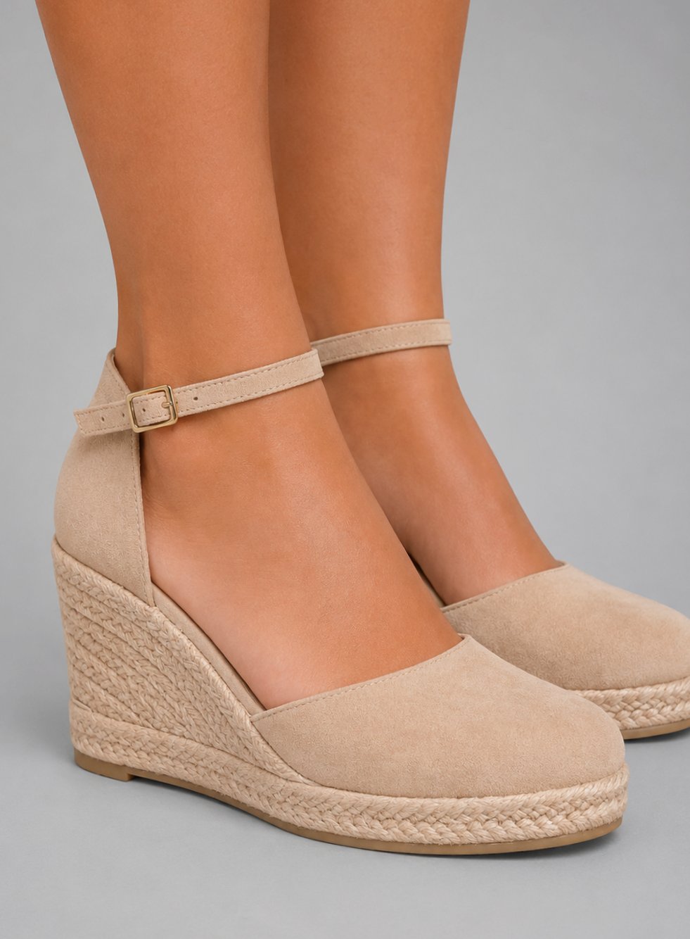 Women's Black Closed Toe Wedge Espadrille Ankle Strap Sandals - Beige