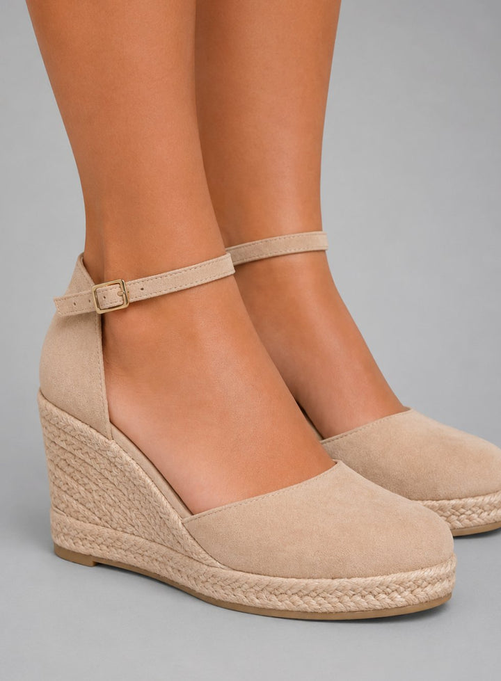 Women's Black Closed Toe Wedge Espadrille Ankle Strap Sandals - Beige