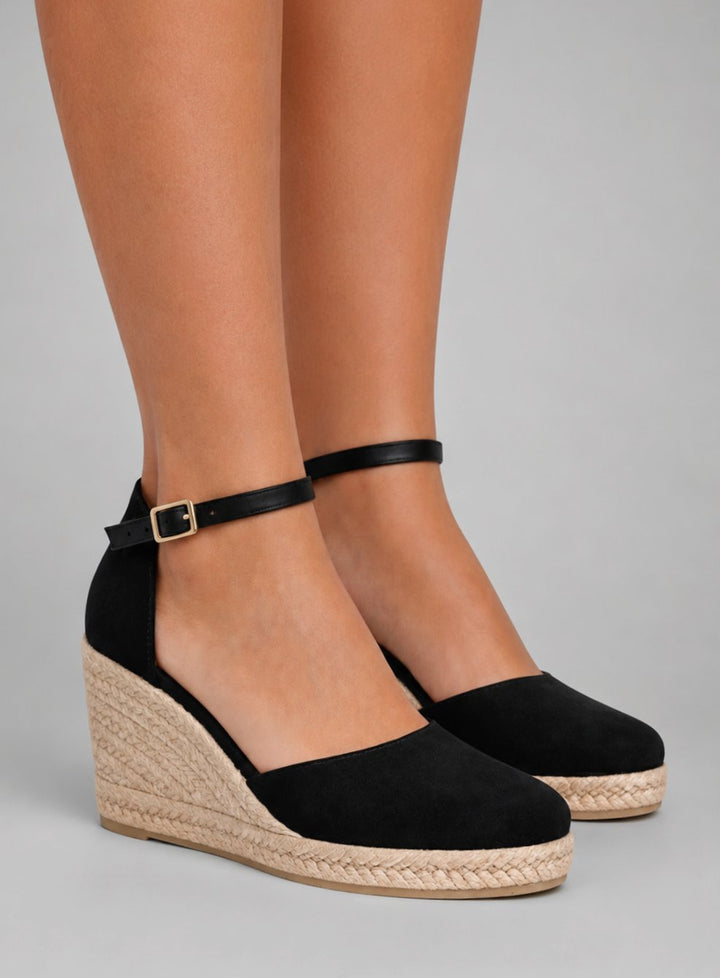 Women's Black Closed Toe Wedge Espadrille Ankle Strap Sandals - Black