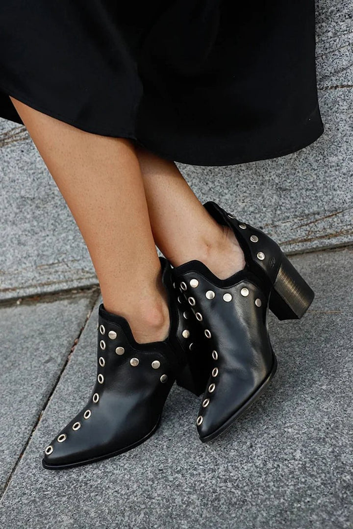 Women's Black Studded Block-Heel Pointed-Toe Ankle Boots - Black