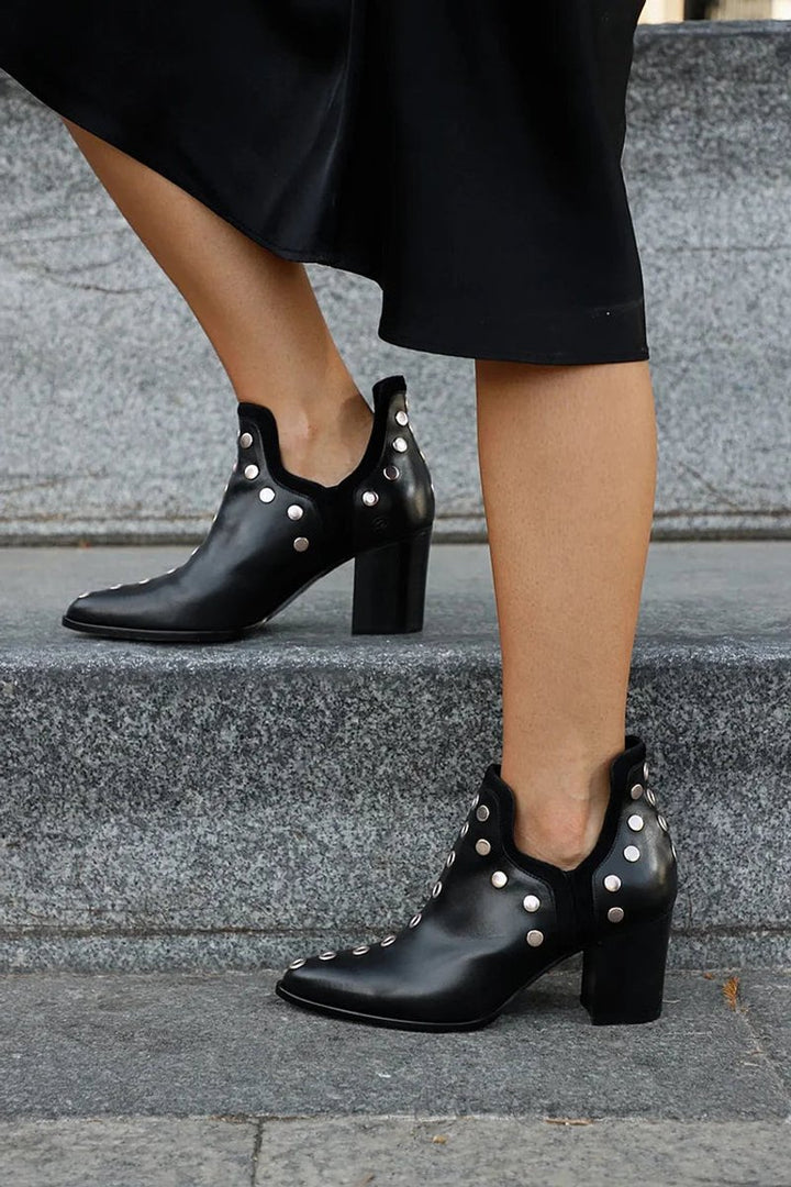 Women's Black Studded Block-Heel Pointed-Toe Ankle Boots