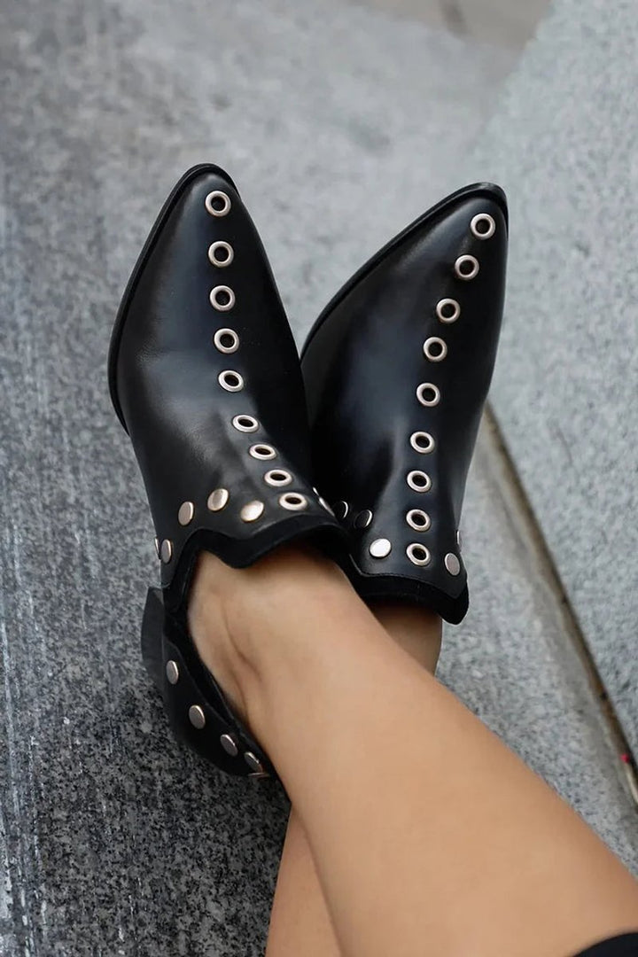 Women's Black Studded Block-Heel Pointed-Toe Ankle Boots