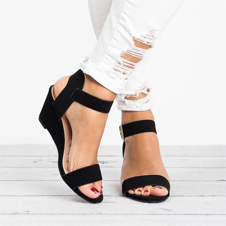 Women's Black Synthetic Wedge Ankle Strap Sandals - Black