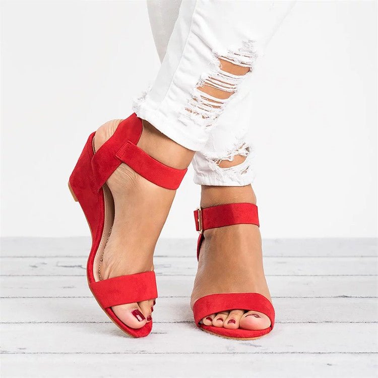 Women's Black Synthetic Wedge Ankle Strap Sandals - Red