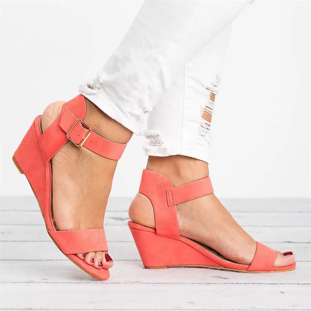 Women's Black Synthetic Wedge Ankle Strap Sandals - Light Red