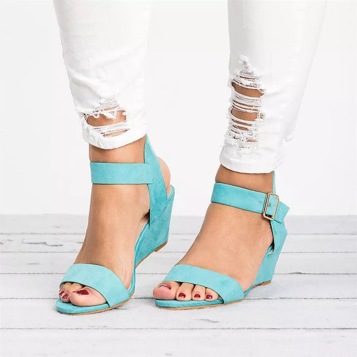 Women's Black Synthetic Wedge Ankle Strap Sandals - Sky Blue