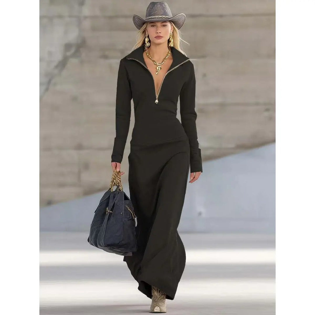 Women's Black Zip-Neck Maxi Long Sleeve Dress - Black