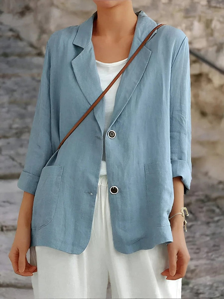 Womens Blazer Lightweight Linen Relaxed-Fit Lapel Jacket - Blue
