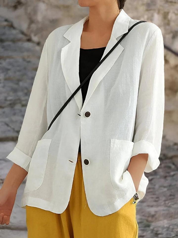 Womens Blazer Lightweight Linen Relaxed-Fit Lapel Jacket - White