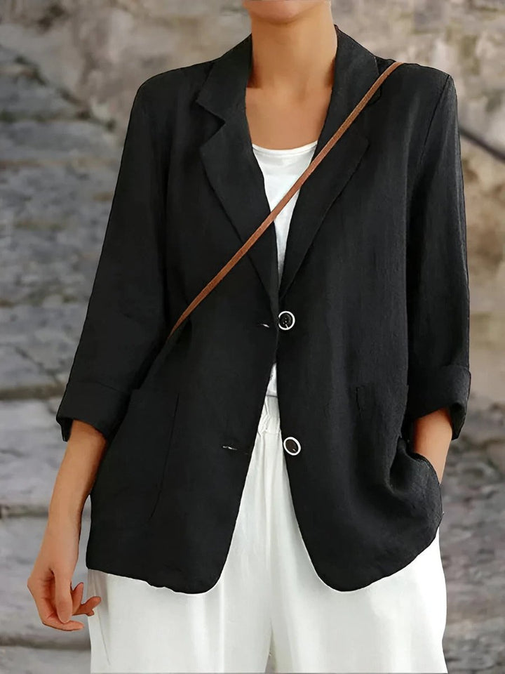 Womens Blazer Lightweight Linen Relaxed-Fit Lapel Jacket - Black