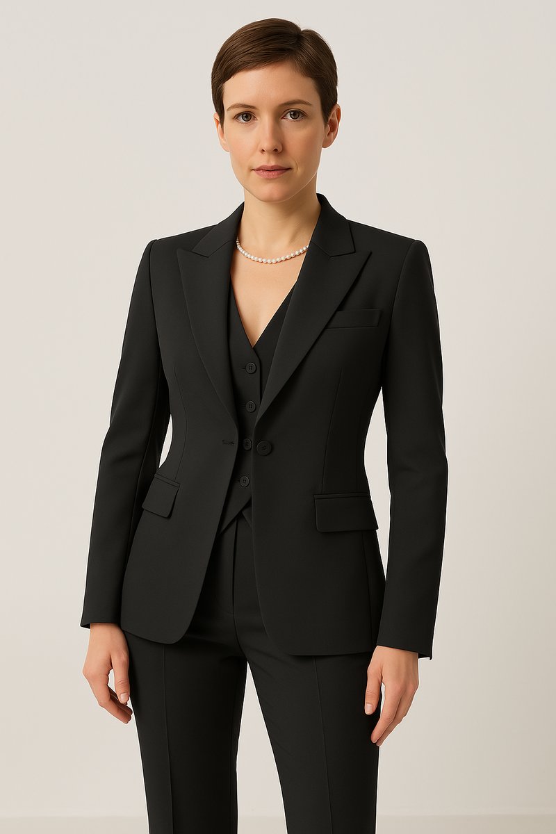 Women's Blazer Tailored 3-Piece Suit Set Waistcoat Trousers - Black