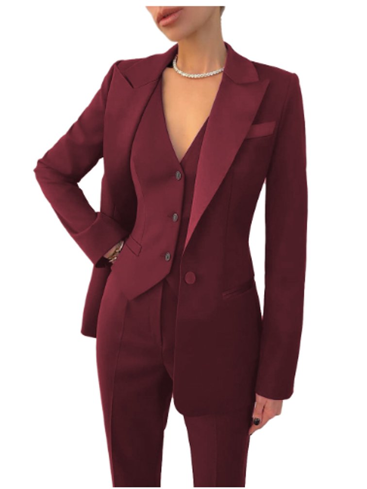 Women's Blazer Tailored 3-Piece Suit Set Waistcoat Trousers - Red