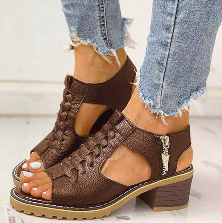 Women's Block Heel Sandals Lace-Up Ankle Strap Open Toe - Brown
