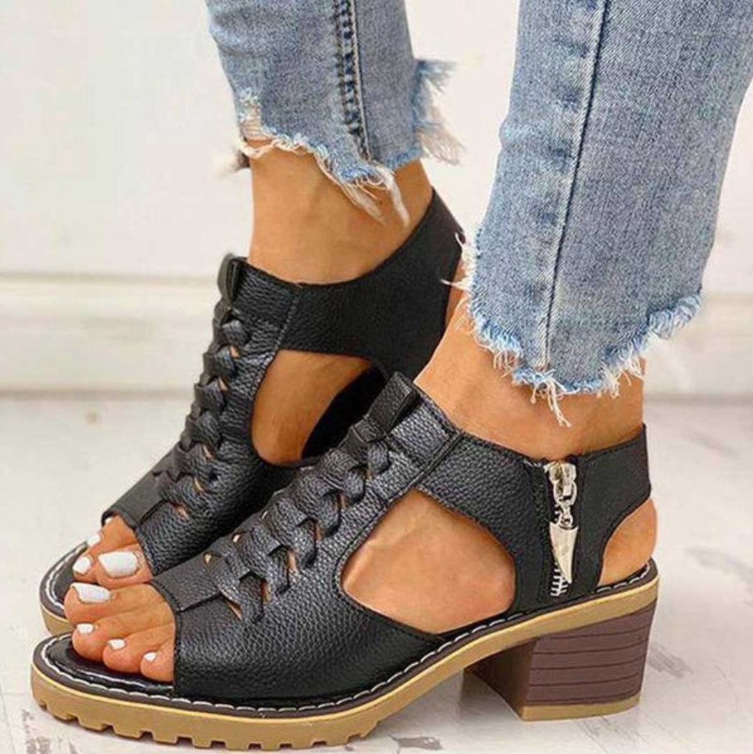 Women's Block Heel Sandals Lace-Up Ankle Strap Open Toe - Black