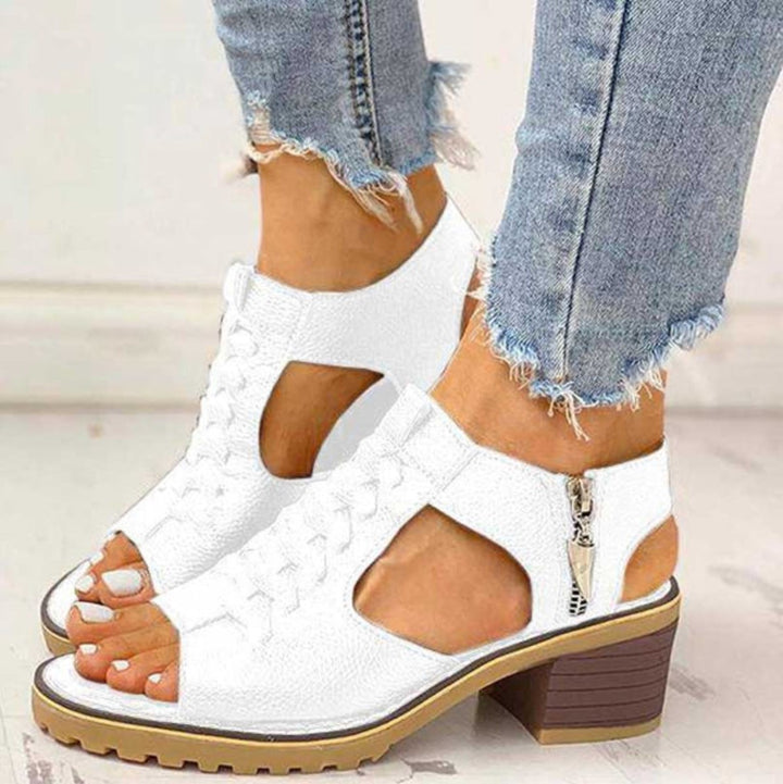 Women's Block Heel Sandals Lace-Up Ankle Strap Open Toe - White