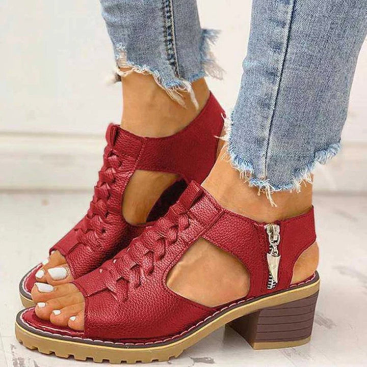 Women's Block Heel Sandals Lace-Up Ankle Strap Open Toe - Red
