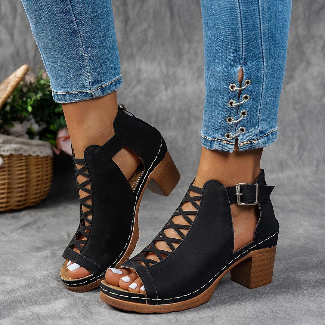 Women's Block Heel Sandals Lattice Cut-Out Peep Toe Ankle Strap