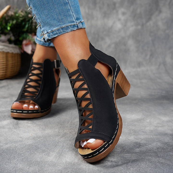 Women's Block Heel Sandals Lattice Cut-Out Peep Toe Ankle Strap
