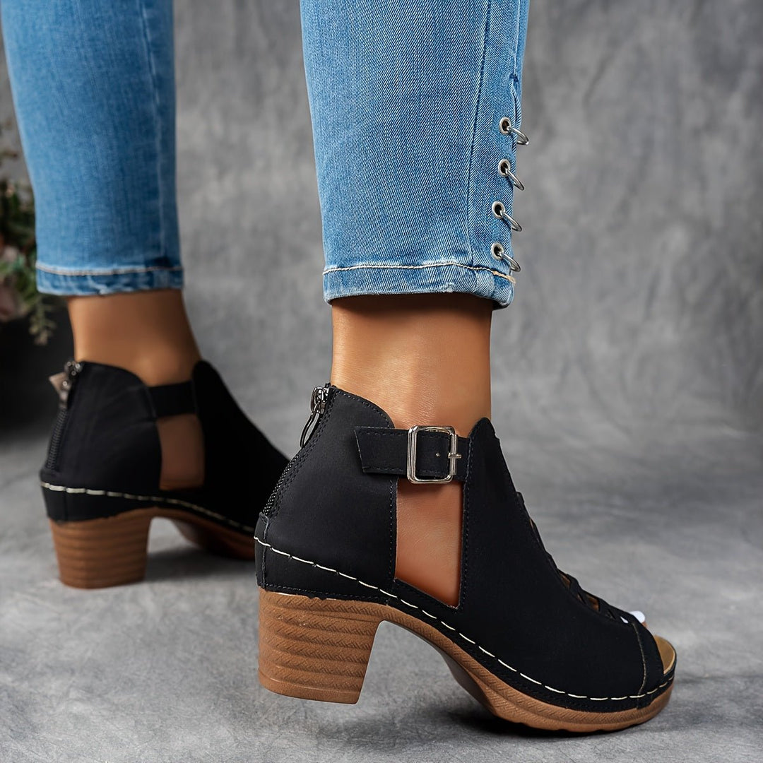 Women's Block Heel Sandals Lattice Cut-Out Peep Toe Ankle Strap