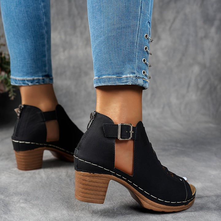 Women's Block Heel Sandals Lattice Cut-Out Peep Toe Ankle Strap