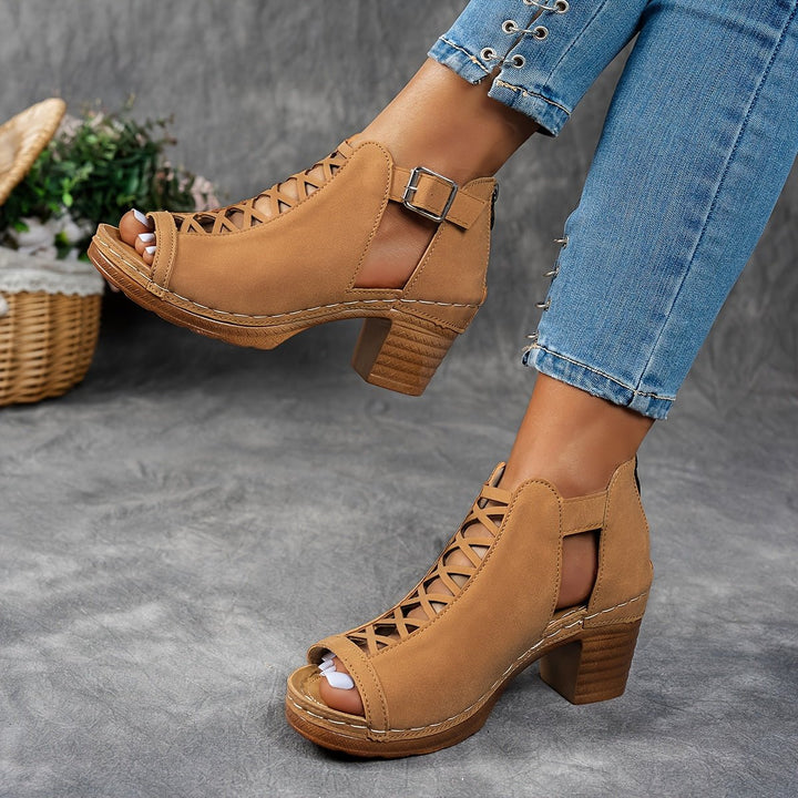 Women's Block Heel Sandals Lattice Cut-Out Peep Toe Ankle Strap