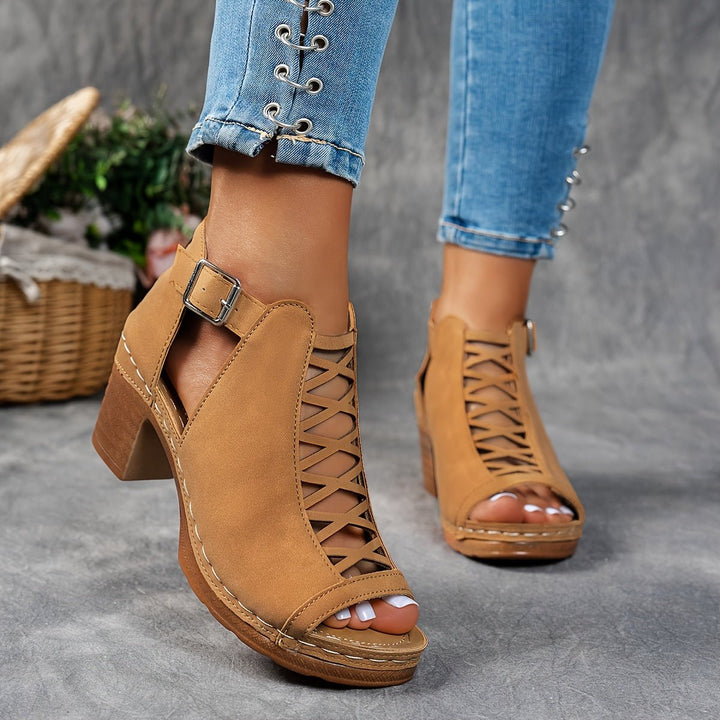 Women's Block Heel Sandals Lattice Cut-Out Peep Toe Ankle Strap