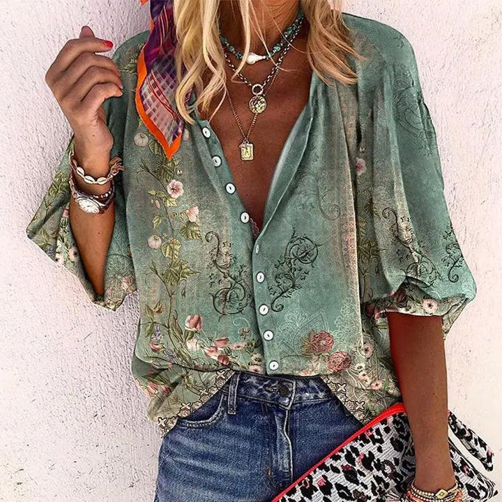 Women's Bohemian Floral Blouse V-Neck Long Sleeve Button Down - Green