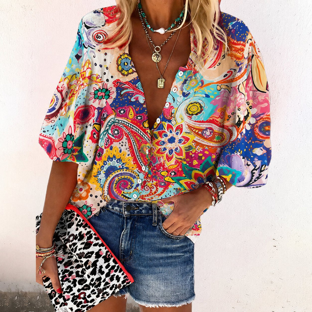 Women's Bohemian Floral Blouse V-Neck Long Sleeve Button Down - Pink